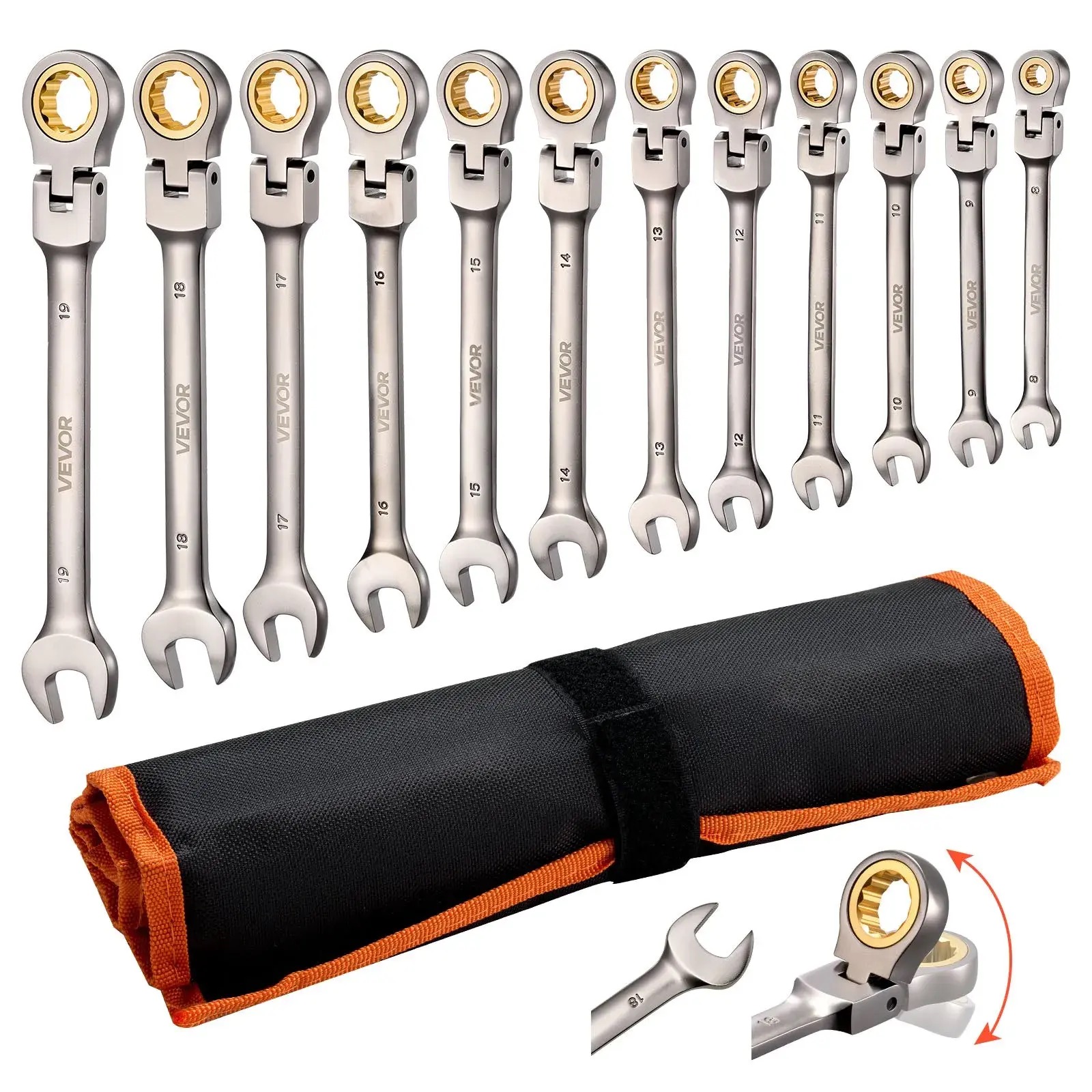 Multifunctional Flex-Head Ratcheting Wrench Set Metric
